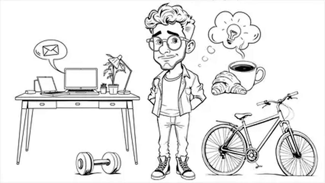 Official sample: black-and-white whiteboard doodle of Joey with desk, bike and idea icons from Joey Color Splash